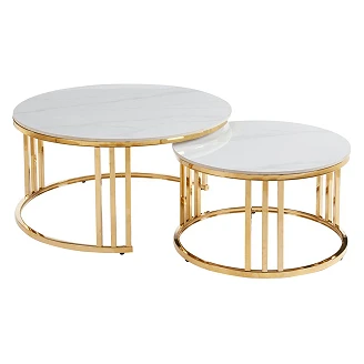 Set med Soffbord Ø 80 & Ø 60 cm <strong>Relon</strong>  Vit Marmor, Guld