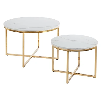 Set med Soffbord Ø 70 & Ø 50 cm <strong>Relon</strong>  Vit Marmor, Guld