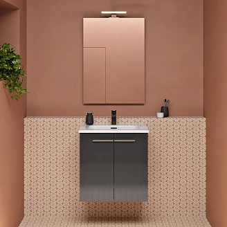 Tvättställsskåp <strong>Niche</strong>  Antracit Blank 50x35 cm med Handfat, Spegel & 2 Dörrar