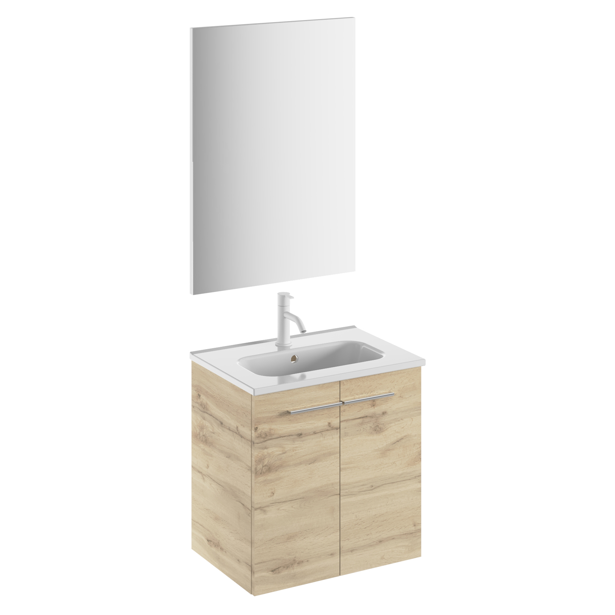 Tvättställsskåp Niche Kolonial Ek Matt 50x35 cm med Handfat, Spegel & 2 Dörrar