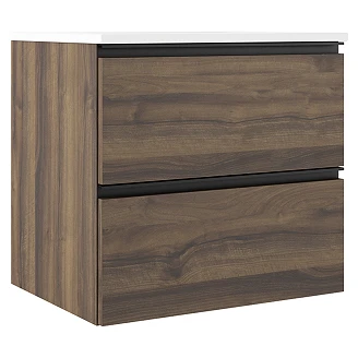 Badrumspaket Walnut Luna Trä 60 cm med Högskåp, Spegel, Tvättställsblandare & Bottenventil