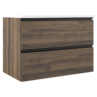 Badrumspaket Walnut Luna Trä 80 cm med Högskåp, Spegel, Tvättställsblandare & Bottenventil