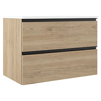 Badrumspaket Ek Luna Trä 80 cm med Högskåp, Spegel, Tvättställsblandare & Bottenventil