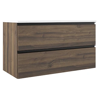 Badrumspaket Walnut Luna Trä 100 cm med Högskåp, Spegel, Tvättställsblandare & Bottenventil