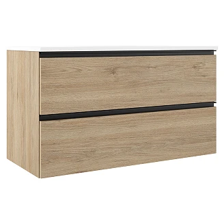 Badrumspaket Ek Luna Trä 100 cm med Högskåp, Spegel, Tvättställsblandare & Bottenventil