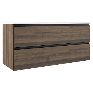 Badrumspaket Dubbelt Tvättställsskåp Walnut Luna Trä 120 cm med Högskåp, Spegel, Tvättställsblandare & Bottenventil