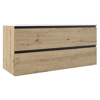 Badrumspaket Ek Luna Trä 120 cm med Högskåp, Spegel, Tvättställsblandare & Bottenventil