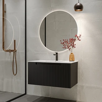 Badrumspaket Tvättställsskåp Ribb Svart 80 cm med Tvättställsblandare & Bottenventil