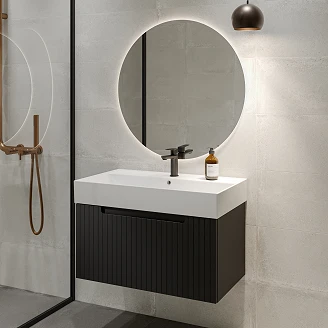 Badrumspaket Tvättställsskåp Ribb Svart 80 cm med Butler Handfat, Tvättställsblandare & Bottenventil