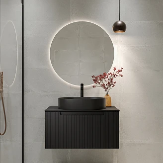 Badrumspaket Tvättställsskåp Ribb Svart 80 cm med Svart Bänkskiva, Handfat, Tvättställsblandare & Bottenventil