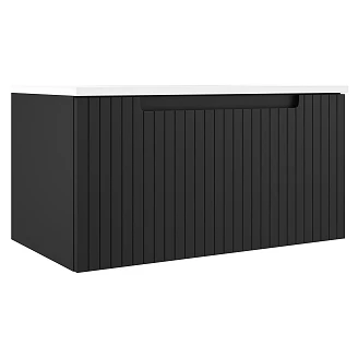 Badrumspaket Tvättställsskåp Ribb Svart 80 cm med Vit Handfat, Svart Bänkskiva, Tvättställsblandare & Bottenventil