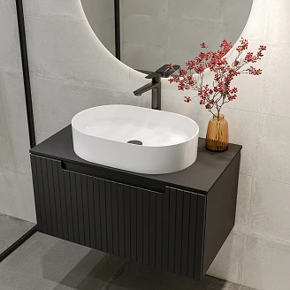 Badrumspaket Tvättställsskåp Ribb Svart 80 cm med Vit Handfat, Svart Bänkskiva, Tvättställsblandare & Bottenventil