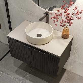 Badrumspaket Tvättställsskåp Ribb Svart 80 cm med Beige Bänkskiva & Handfat, Svart Tvättställsblandare & Bottenventil