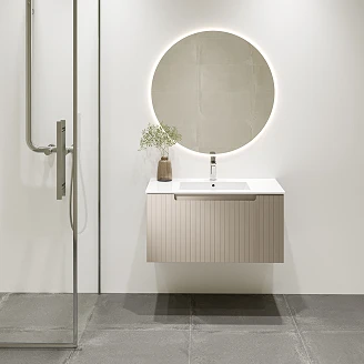 Badrumspaket Tvättställsskåp Ribb Beige 80 cm med Krom Tvättställsblandare & Bottenventil