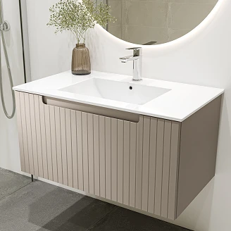 Badrumspaket Tvättställsskåp Ribb Beige 80 cm med Krom Tvättställsblandare & Bottenventil