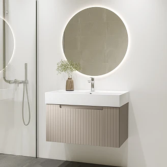 Badrumspaket Tvättställsskåp Ribb Beige 80 cm med Butler Handfat, Krom Tvättställsblandare & Bottenventil