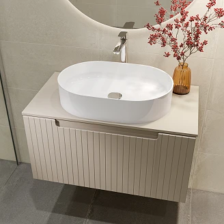 Badrumspaket Tvättställsskåp Ribb Beige 80 cm med Bänkskiva, Handfat, Tvättställsblandare & Bottenventil