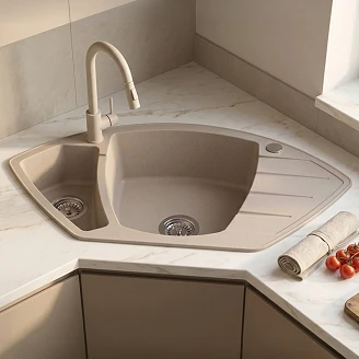 Granit Hörndiskho <strong>Cornerstone</strong>  Beige Matt 90x54 cm med Vattenlås