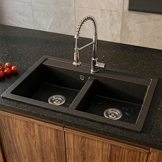 Granit Dubbel Diskho <strong>Geoma</strong>  Svart Matt 75x45 cm med Vattenlås