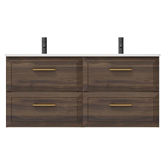 Dubbelt Badrumskommod Gold <strong>Tandem</strong>  Walnut 120 cm med Handfat Vit Blank