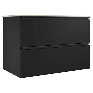 <strong>Badrumspaket Luna</strong>  Svart 80 cm med Cosentino Ljusbeige Bänkskiva, Högskåp, Spegel, Handfat, Tvättställsblandare & Bottenventil