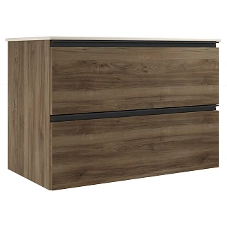 Badrumspaket Walnut Luna Trä 80 cm med Cosentino Ljusbeige Bänkskiva, Högskåp, Spegel, Handfat, Tvättställsblandare & Bottenventil