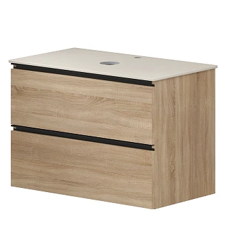 Badrumspaket Ek Luna Trä 80 cm med Cosentino Ljusbeige Bänkskiva, Högskåp, Spegel, Handfat, Tvättställsblandare & Bottenventil