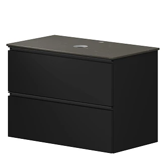 <strong>Badrumspaket Luna</strong>  Svart 80 cm med Cosentino Brun Bänkskiva, Högskåp, Spegel, Handfat, Tvättställsblandare & Bottenventil