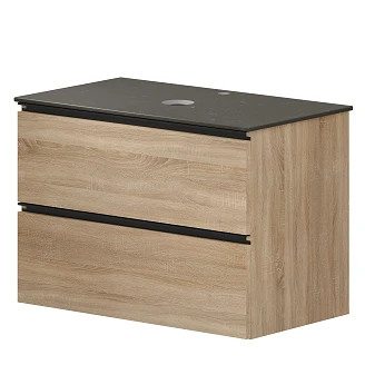 Badrumspaket Ek Luna Trä 80 cm med Cosentino Brun Bänkskiva, Högskåp, Spegel, Handfat, Tvättställsblandare & Bottenventil