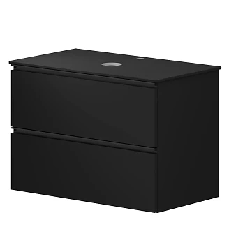 <strong>Badrumspaket Luna</strong>  Svart 80 cm med Cosentino Svart Bänkskiva, Högskåp, Spegel, Handfat, Tvättställsblandare & Bottenventil