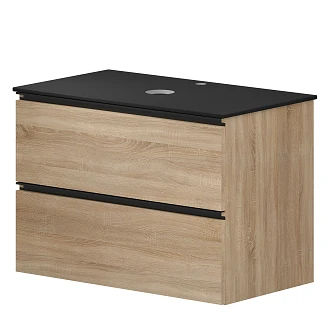 Badrumspaket Ek Luna Trä 80 cm med Cosentino Svart Bänkskiva, Högskåp, Spegel, Handfat, Tvättställsblandare & Bottenventil