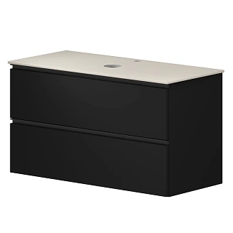 <strong>Badrumspaket Luna</strong>  Svart 100 cm med Cosentino Ljusbeige Bänkskiva, Högskåp, Spegel, Handfat, Tvättställsblandare & Bottenventil