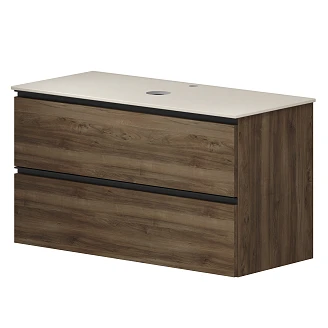 Badrumspaket Walnut Luna Trä 100 cm med Cosentino Ljusbeige Bänkskiva, Högskåp, Spegel, Handfat, Tvättställsblandare & Bottenventil