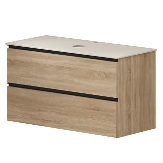 Badrumspaket Ek Luna Trä 100 cm med Cosentino Ljusbeige Bänkskiva, Högskåp, Spegel, Handfat, Tvättställsblandare & Bottenventil