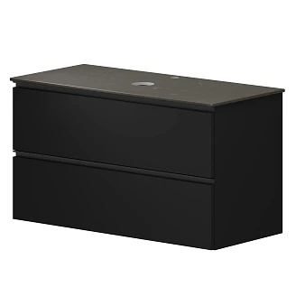 <strong>Badrumspaket Luna</strong>  Svart 100 cm med Cosentino Brun Bänkskiva, Högskåp, Spegel, Handfat, Tvättställsblandare & Bottenventil