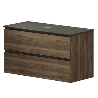 Badrumspaket Walnut Luna Trä 100 cm med Cosentino Brun Bänkskiva, Högskåp, Spegel, Handfat, Tvättställsblandare & Bottenventil
