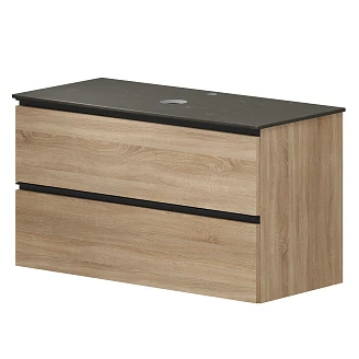 Badrumspaket Ek Luna Trä 100 cm med Cosentino Brun Bänkskiva, Högskåp, Spegel, Handfat, Tvättställsblandare & Bottenventil