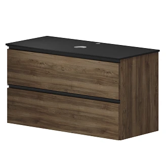 Badrumspaket Walnut Luna Trä 100 cm med Cosentino Svart Bänkskiva, Högskåp, Spegel, Handfat, Tvättställsblandare & Bottenventil
