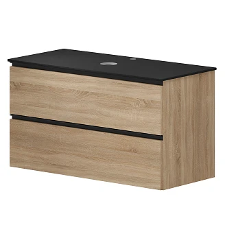 Badrumspaket Ek Luna Trä 100 cm med Cosentino Svart Bänkskiva, Högskåp, Spegel, Handfat, Tvättställsblandare & Bottenventil