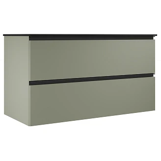<strong>Badrumspaket Luna</strong>  Oliv 100 cm med Cosentino Svart Bänkskiva, Högskåp, Spegel, Handfat, Tvättställsblandare & Bottenventil