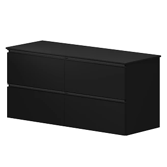 Badrumspaket Dubbelt Tvättställsskåp Luna Svart 120 cm med Svart Bänkskiva, Högskåp, Handfat, Tvättställsblandare, Bottenventiler & Spegel