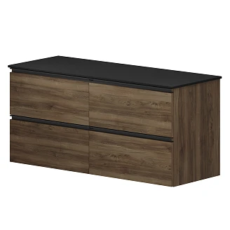 Badrumspaket Dubbelt Tvättställsskåp Walnut Luna Trä 120 cm med Svart Bänkskiva, Högskåp, Handfat, Tvättställsblandare, Bottenventiler & Spegel