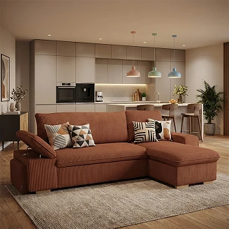 Hörnsoffa <strong>Flända</strong>  Lincoln Terrakotta med USB & Pall 255 cm