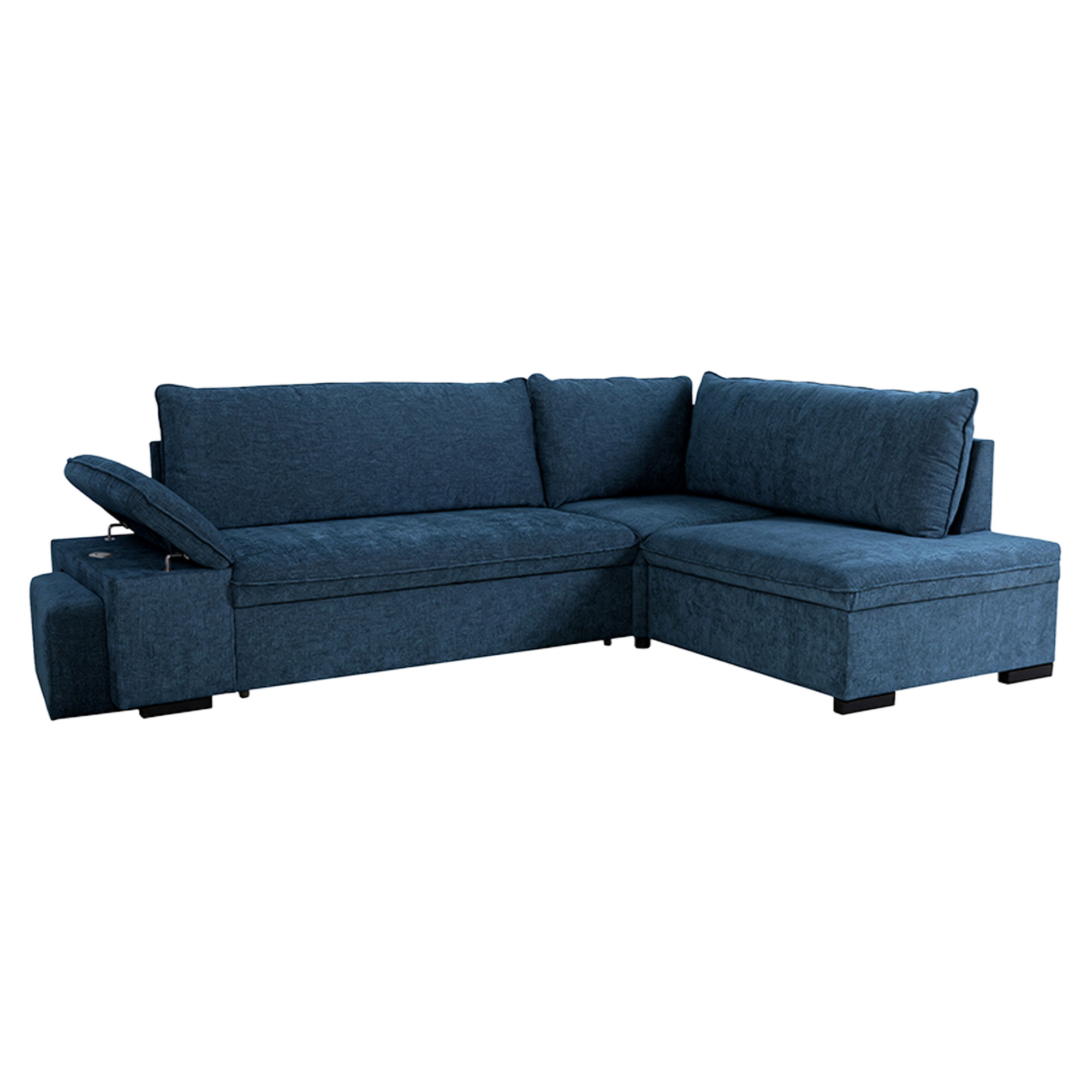 Divansoffa Flända Boston Oceanblå med USB, Pall & Förvaring 260 cm