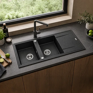 Granit Diskbänk <strong>Brenca</strong>  Svart Matt 116x50 cm med Vattenlås