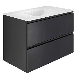 Badrumspaket Luna Svart 80 cm med Högskåp, Spegel, Tvättställsblandare & Bottenventil