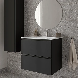 Badrumskommod <strong>Luna</strong>  Svart Matt 60 cm med Handfat Vit Blank