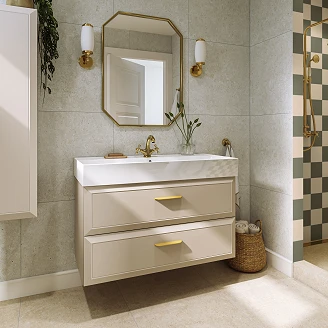 Badrumskommod Gold <strong>Tandem</strong>  Beige Matt 100 cm med Butler Handfat Vit Blank