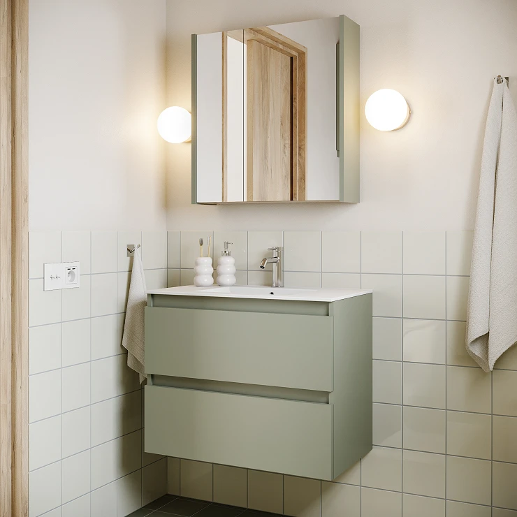 Badrumskommod Compakt Oliv Matt 70x40 cm med Handfat Vit Blank