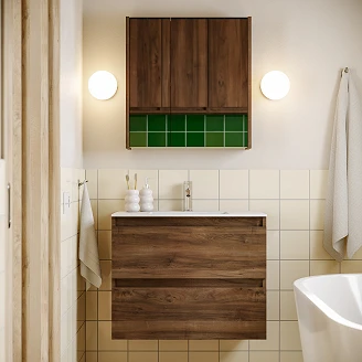 Badrumskommod Compakt Walnut Matt 70x40 cm med Handfat Vit Blank
